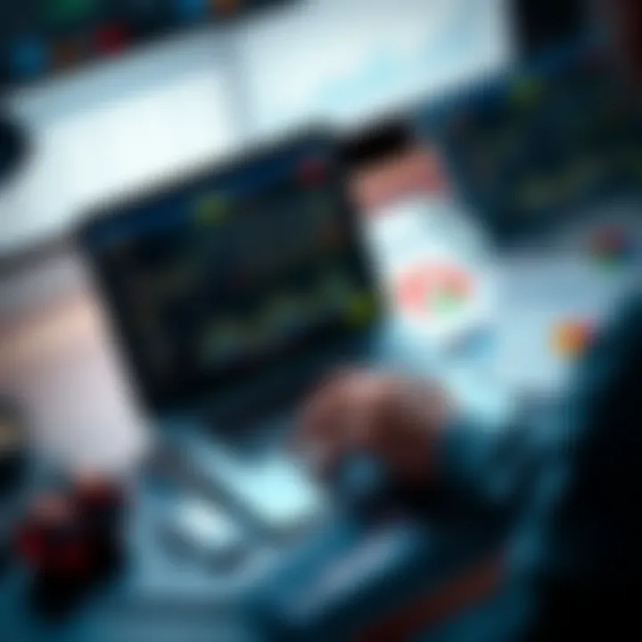 A person looking at sports statistics and trends on a laptop, surrounded by betting slips and charts.