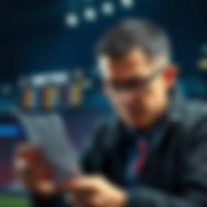 A frustrated bettor looking at losing betting slip with a phone showing sports scores in the background