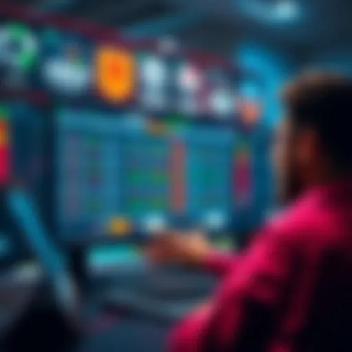 A person analyzing betting odds on a computer screen with sports graphics around
