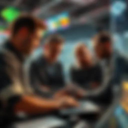 Group of sports bettors examining betting odds and parlays at a sportsbook
