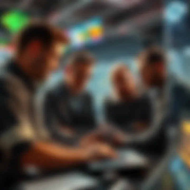 Group of sports bettors examining betting odds and parlays at a sportsbook