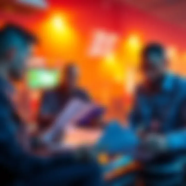 A group of sports bettors reviewing documents and using an app to track their winnings and losses for tax purposes