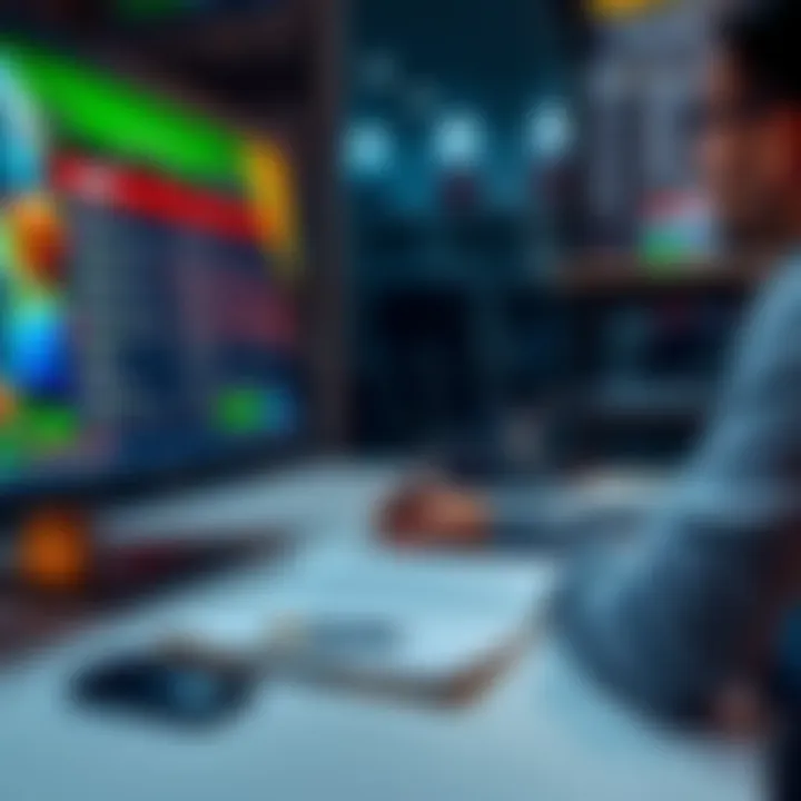 A person sitting at a desk, focused on a computer screen showing live sports betting odds, with a notepad and pen nearby.