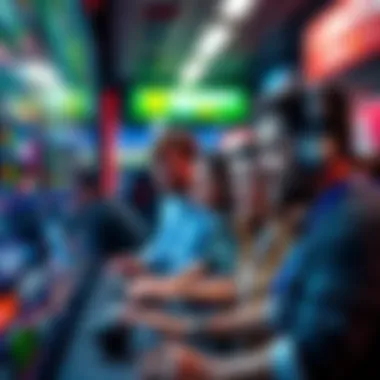 A close-up of people placing bets at a sports betting kiosk with excited expressions.