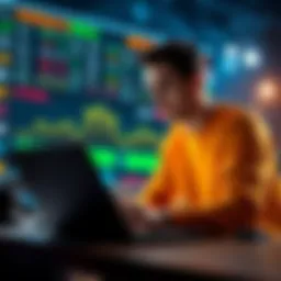 A person studying sports stats and odds on a laptop with sports betting graphics in the background.
