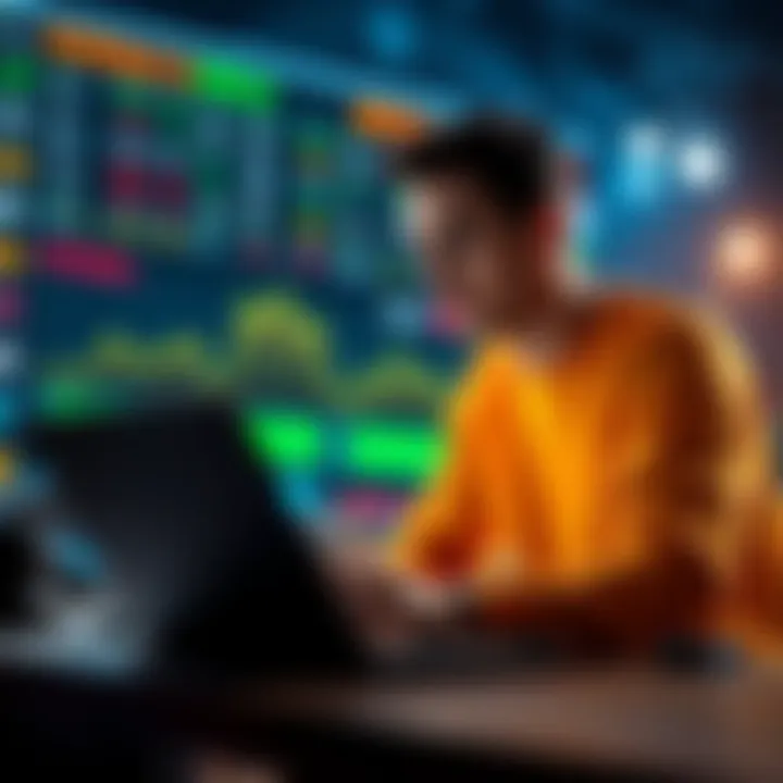 A person studying sports stats and odds on a laptop with sports betting graphics in the background.