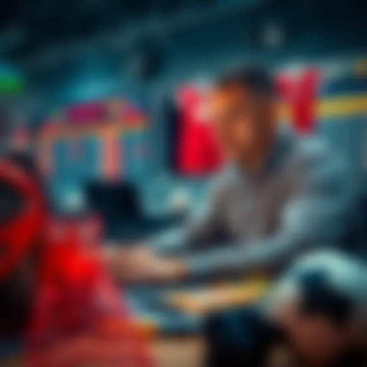 A person placing a bet while studying sports odds on a laptop, surrounded by sports equipment.