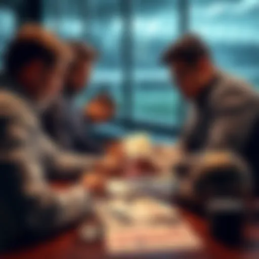 A group of people discussing strategies for sports betting with charts and betting slips on a table.