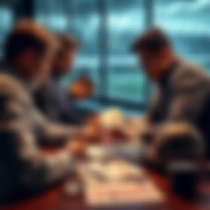 A group of people discussing strategies for sports betting with charts and betting slips on a table.