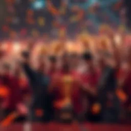 A group of happy people celebrating reaching Noir status in sports betting with trophies and confetti