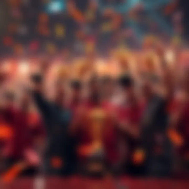 A group of happy people celebrating reaching Noir status in sports betting with trophies and confetti