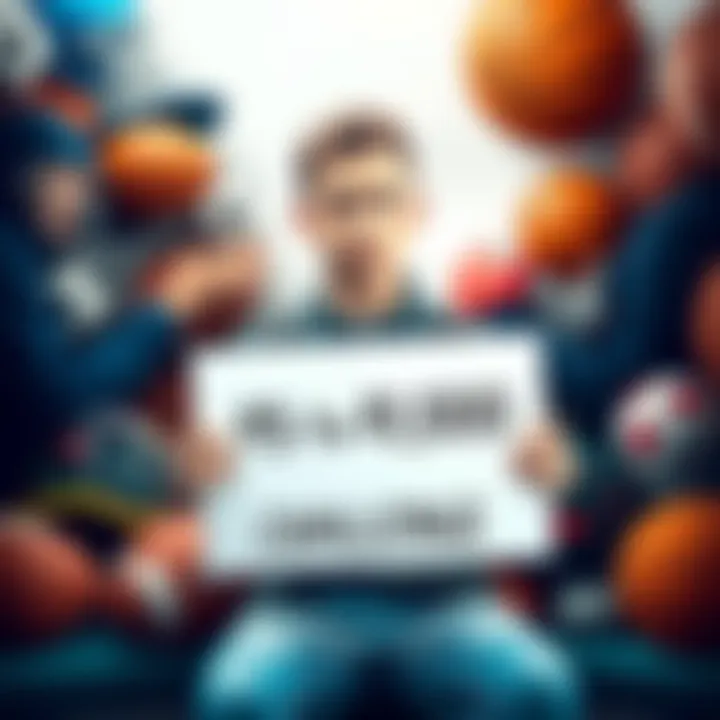 A college student holding a sign that says '$5 to $1,000 Challenge' surrounded by sports equipment like footballs and basketballs.