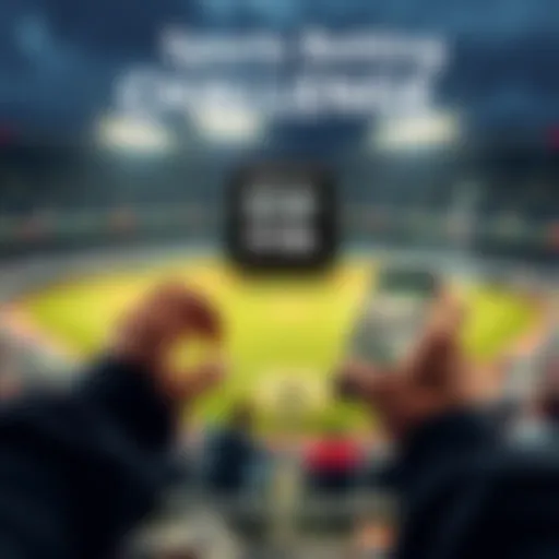 A person excitedly checking their sports betting app on a smartphone, with a backdrop of baseball stadium and a graphic of rising cash