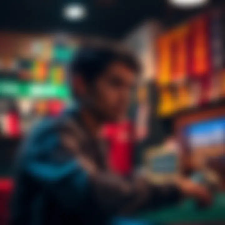 A person looking thoughtful at a betting table with sports memorabilia in the background, symbolizing a decision to quit sports betting.