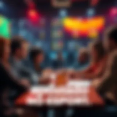 Group of people discussing sports betting strategies and choices at a table with papers and drinks.