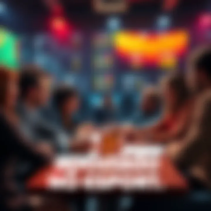 Group of people discussing sports betting strategies and choices at a table with papers and drinks.