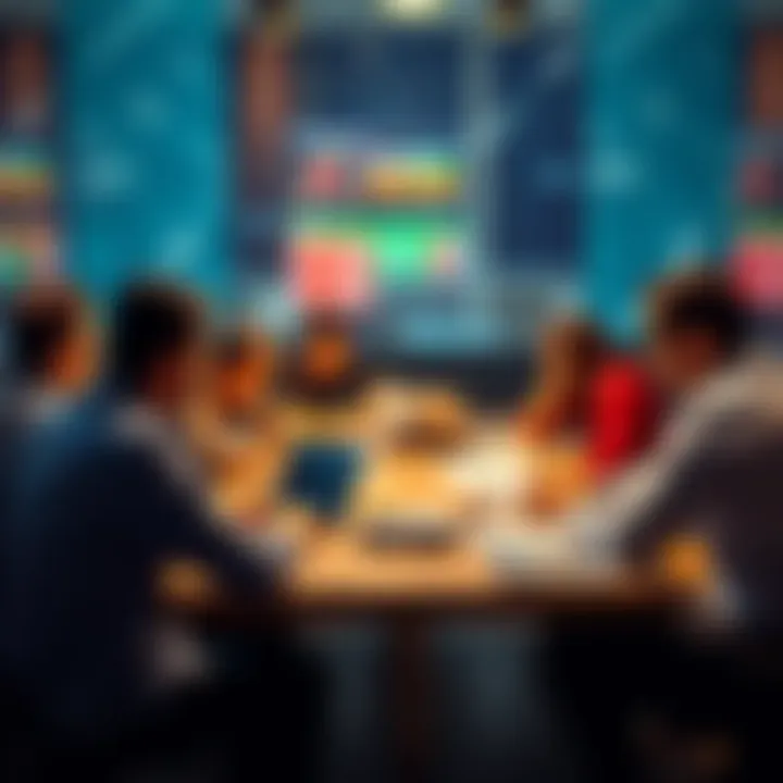 A group of people discussing sports betting strategies around a table with laptops and papers