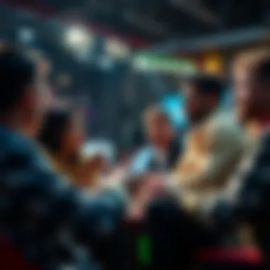 A group of people engaged in a lively discussion about sports betting choices and strategies.