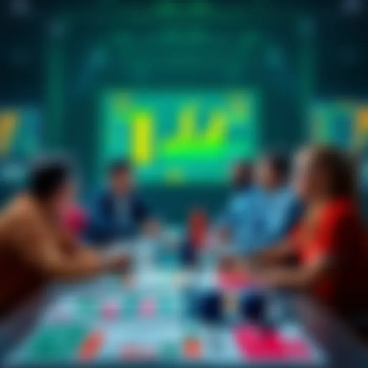 A group of people sharing tips about sports betting at a table, with a focus on sports symbols and charts around them.