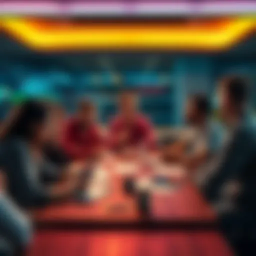 A vibrant group of people sharing sports betting tips at a table, with papers and smartphones in front of them.