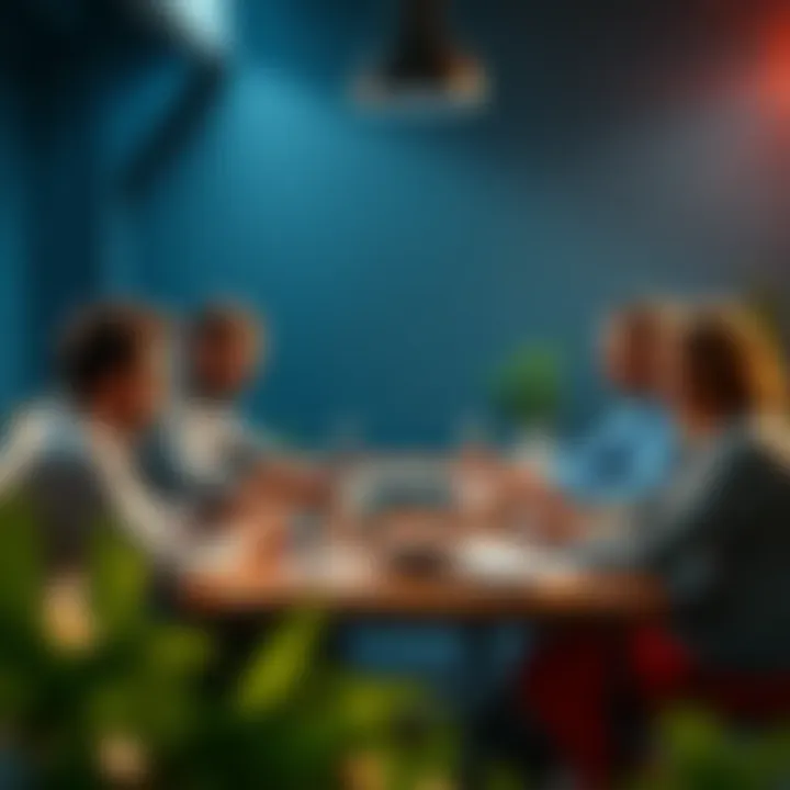 People discussing sports betting tips and strategies around a table with laptops and notes