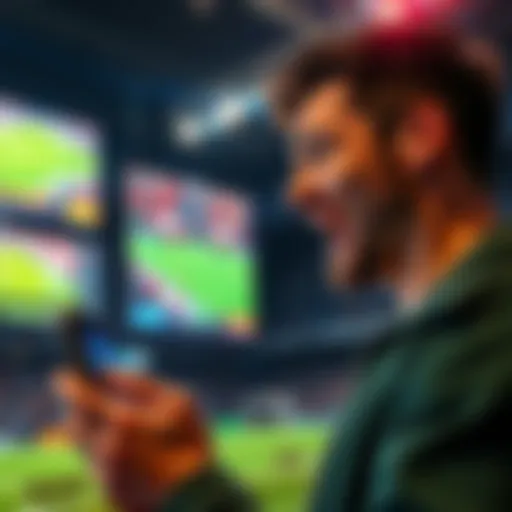 A person excitedly placing pre-game bets on a smartphone with sports screens in the background