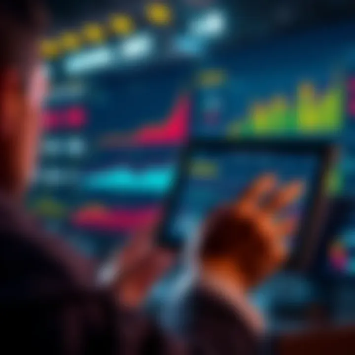 A person analyzing sports betting strategies on a digital device, with graphs and charts showing increasing success rates, related to FanDuel.