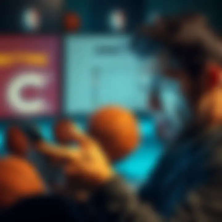 A person with a frustrated expression looking at a betting app on their phone, with basketballs and team logos in the background.