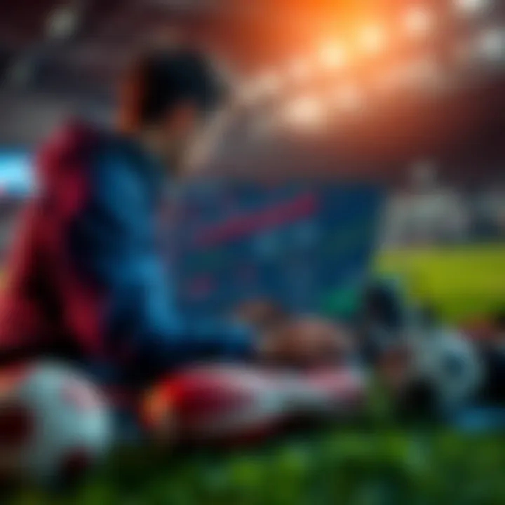 Person analyzing sports betting statistics and strategies with a laptop and sports equipment nearby.