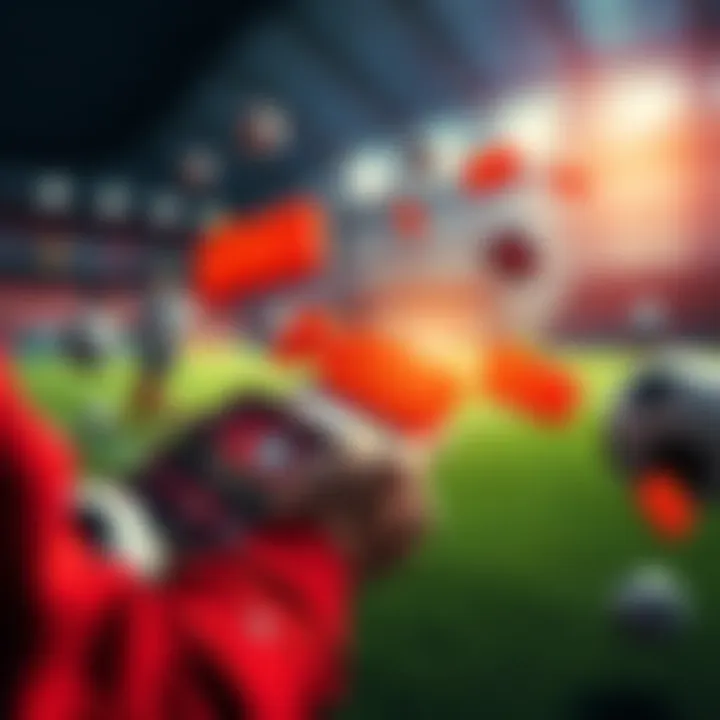 A person placing a sports bet on a mobile app, surrounded by football and soccer icons, showcasing bonus offers