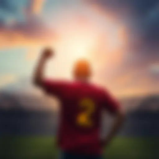 A person standing strong with a sports jersey, looking confidently towards the horizon, symbolizing overcoming sports betting addiction.