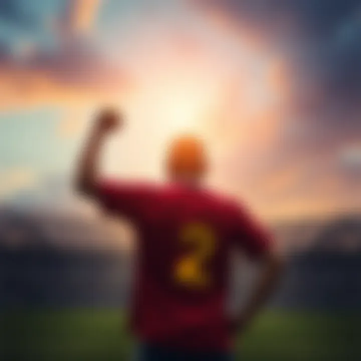 A person standing strong with a sports jersey, looking confidently towards the horizon, symbolizing overcoming sports betting addiction.