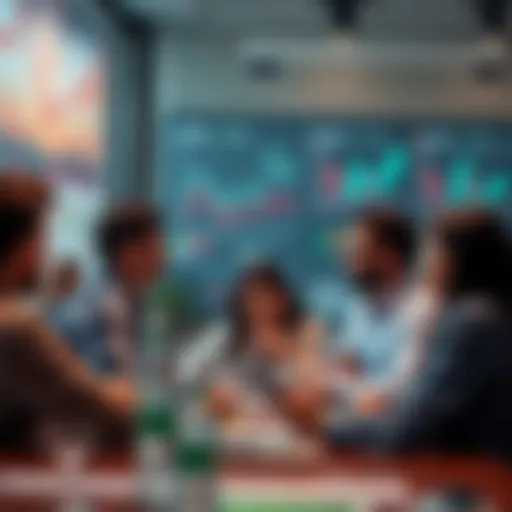 A group of people discussing sports betting strategies in a modern setting with charts and graphs in the background.