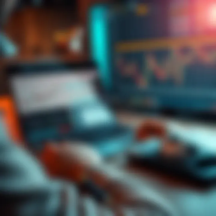 A person analyzing sports betting options on a laptop with charts and numbers displayed, surrounded by betting slips and a calculator.