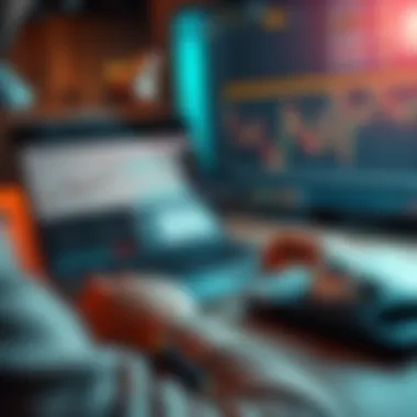 Sports Betting Strategies A person analyzing sports betting options on a laptop with charts and numbers displayed, surrounded by betting slips and a calculator.