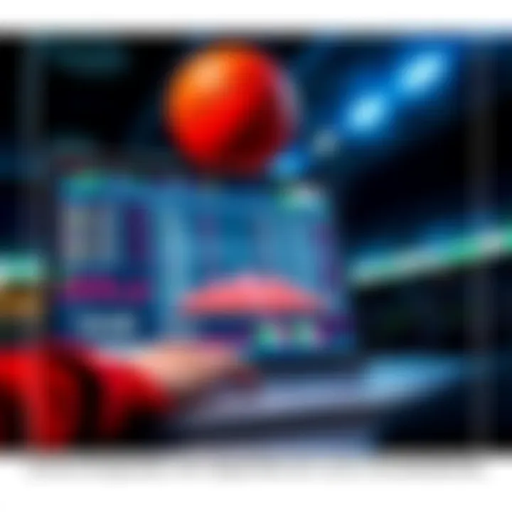 A person analyzing sports betting odds on a laptop with basketball graphics on screen.