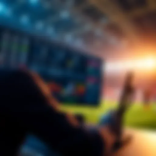 A person analyzing sports betting odds on a computer with a soccer match in the background