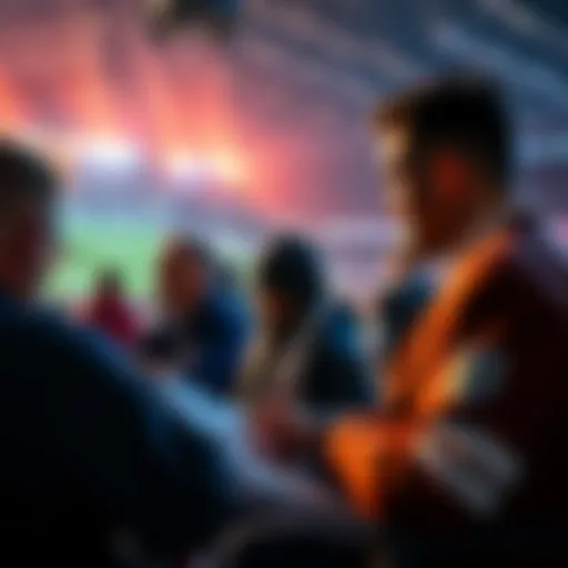 A sports betting scene showing people analyzing game statistics and making live bets during halftime.