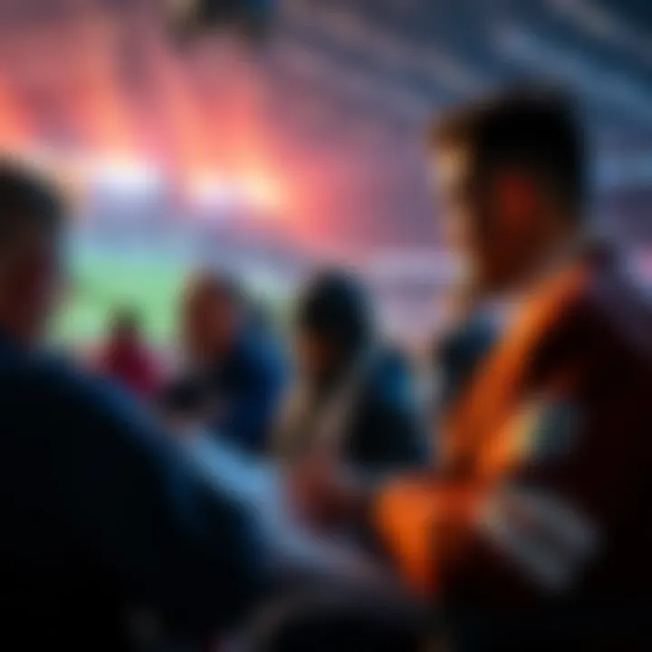 A sports betting scene showing people analyzing game statistics and making live bets during halftime.