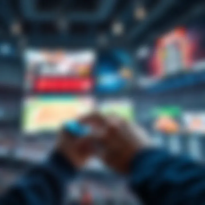 A person placing a sports bet on a mobile device with sports event displays in the background