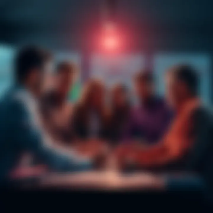A group of people discussing sports betting strategies with charts and graphs in the background