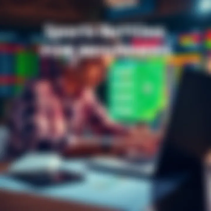 A beginner reviewing sports betting strategies on a laptop with sports charts and notes around