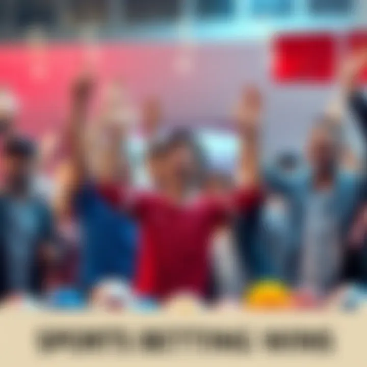 Exciting Sports Betting Wins A group of happy people celebrating their sports betting victories with raised hands and smiles, surrounded by sports paraphernalia.