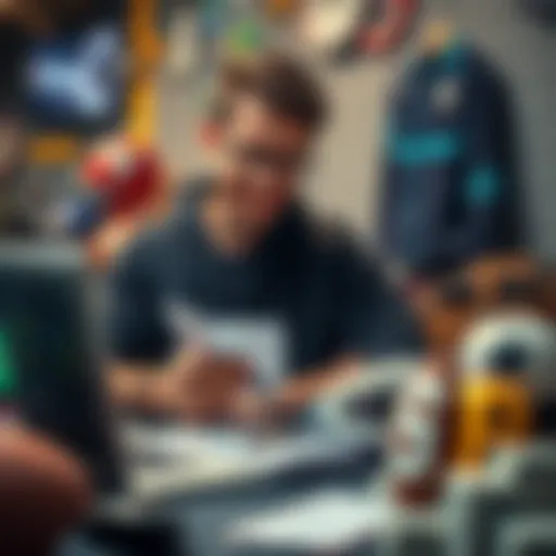 A person smiling while checking betting slips with smaller wins, surrounded by sports equipment and a laptop displaying odds
