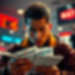 A concerned sports bettor stares at his betting slips, showing signs of frustration after losing multiple bets consecutively.