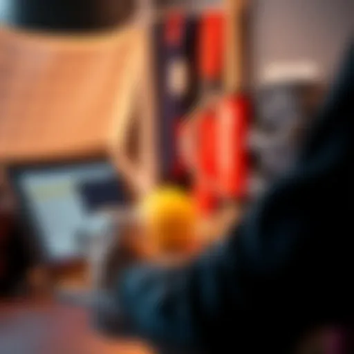 A person looking at a sports schedule on a laptop while holding a coffee cup, with sports equipment in the background.