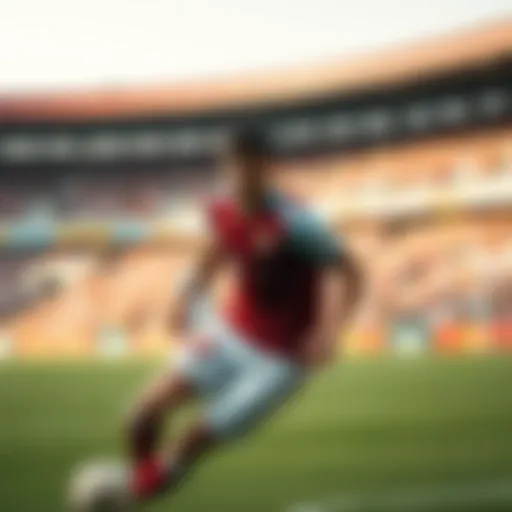 A football player in action on the field, showcasing determination and focus during a match. The crowd is visible in the background, highlighting the intensity of the game.