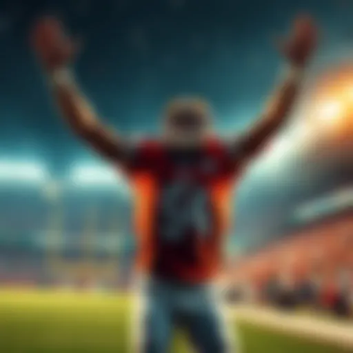 St. Brown raises his arms in celebration after scoring a touchdown during a football game