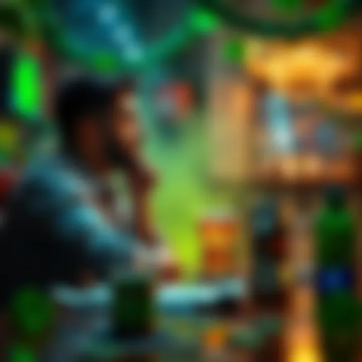 Individual sitting at a table with a drink, looking thoughtful on St. Patrick's Day, surrounded by green decorations and symbols of luck