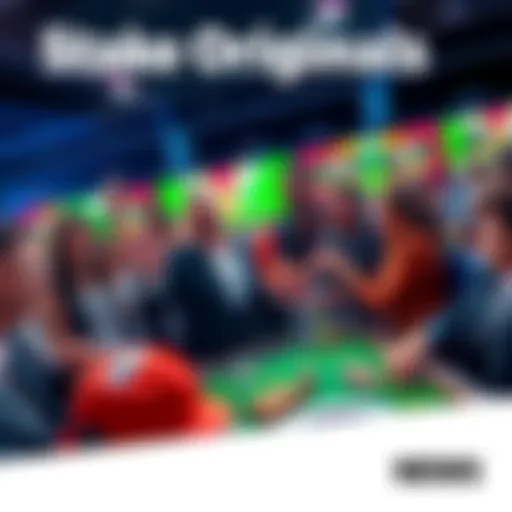 A vibrant scene showing excited bettors at a betting table with Stake Originals branded items, highlighting their popularity in the betting market.